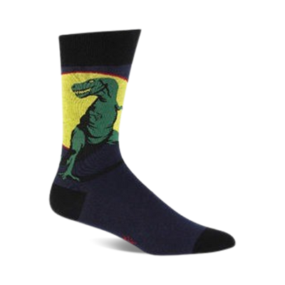 crew-length socks featuring green dinosaurs with yellow bellies and three white claws on each foot; standing on yellow crescent moon against dark blue background.   