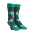 Pair of teal crew socks with a repeating pattern of red and green holiday sweaters featuring reindeer. 