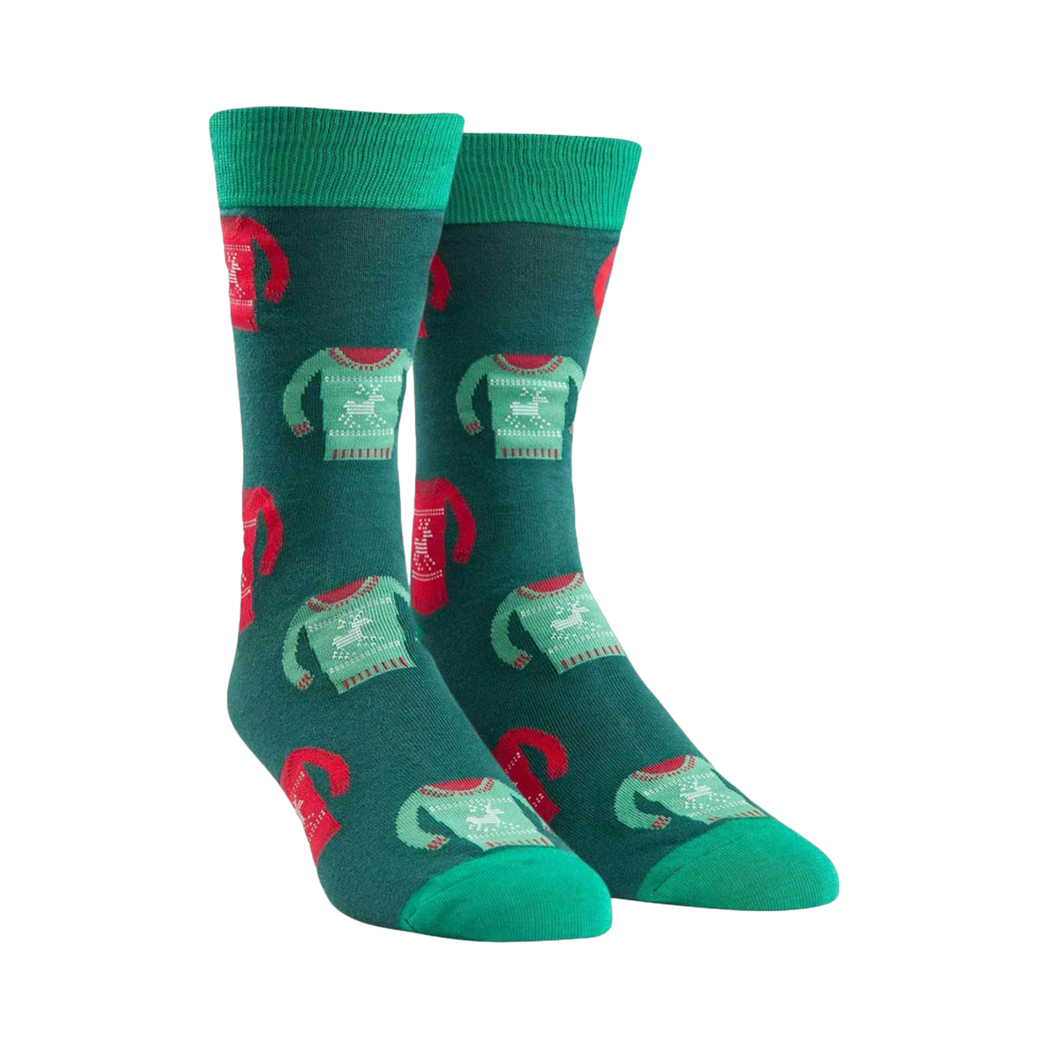 Pair of teal crew socks with a repeating pattern of red and green holiday sweaters featuring reindeer. 