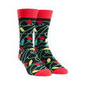 Crew socks with a tangled Christmas lights design.  Main colors are black, red, yellow, green, and blue.