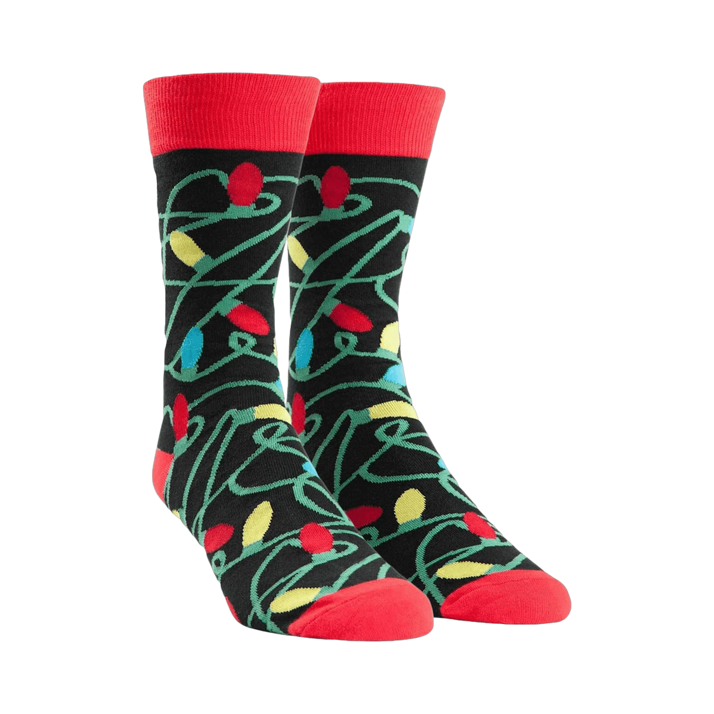 Crew socks with a tangled Christmas lights design.  Main colors are black, red, yellow, green, and blue.