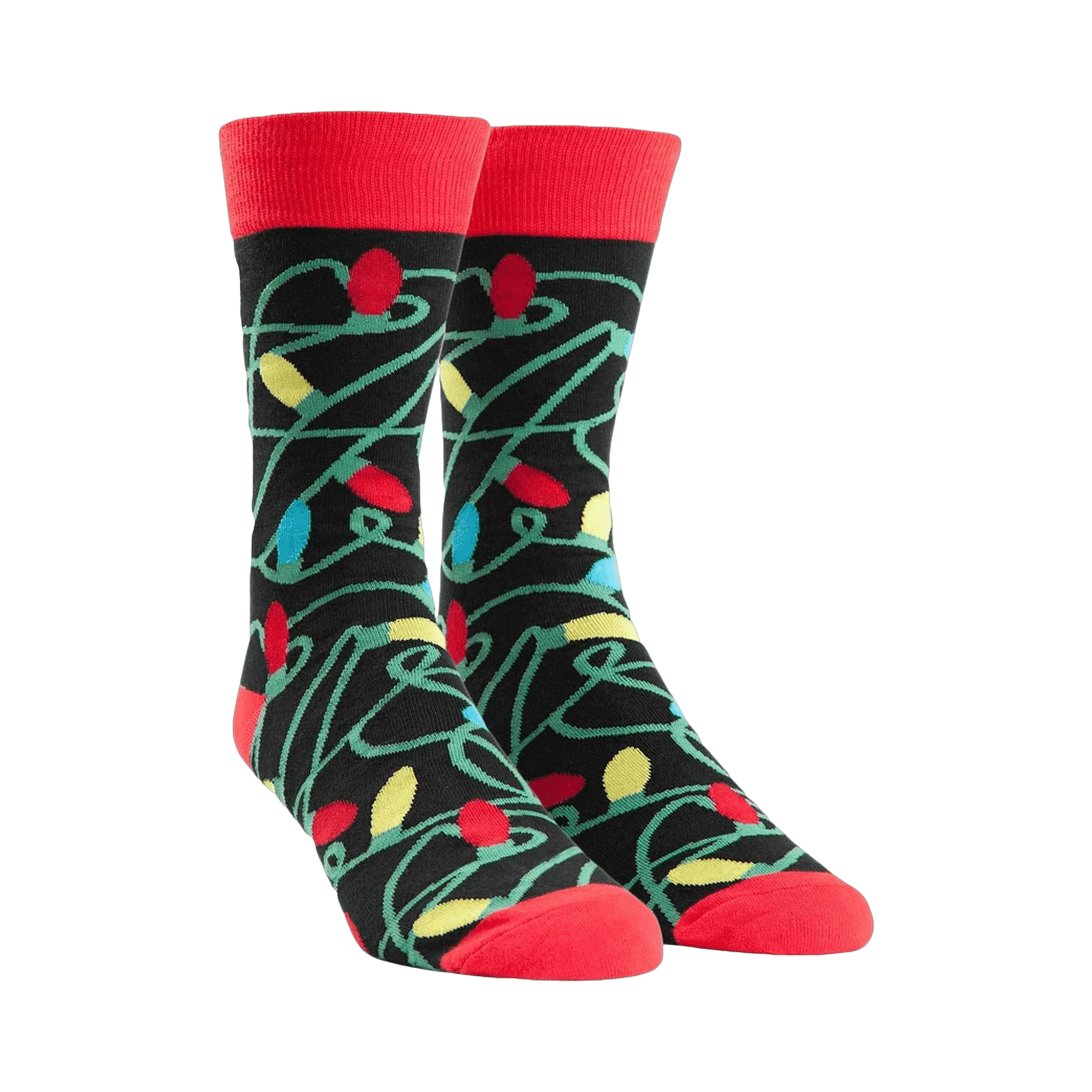 Crew socks with a tangled Christmas lights design.  Main colors are black, red, yellow, green, and blue.