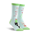Pair of crew socks in teal green featuring a black and white cat, a llama wearing a scarf, mistletoe, and the text 'All I want for Christmas is you!'