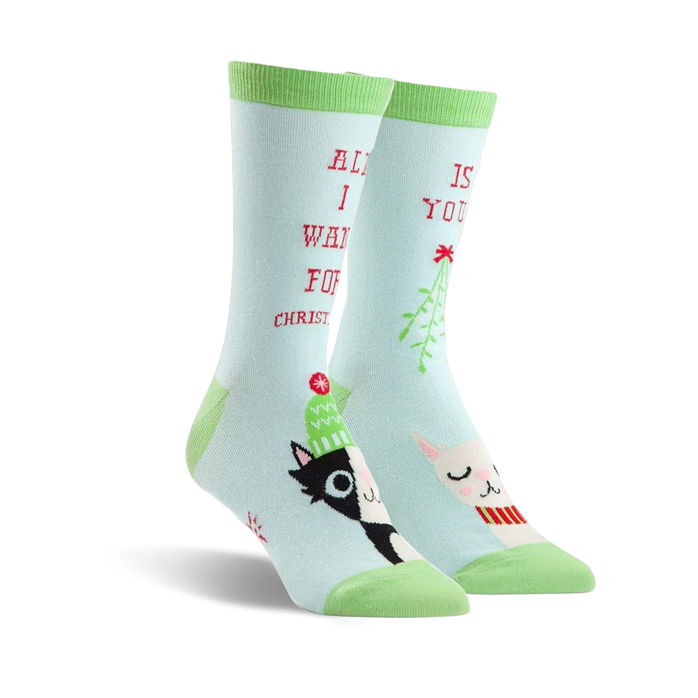 Pair of crew socks in teal green featuring a black and white cat, a llama wearing a scarf, mistletoe, and the text 'All I want for Christmas is you!'