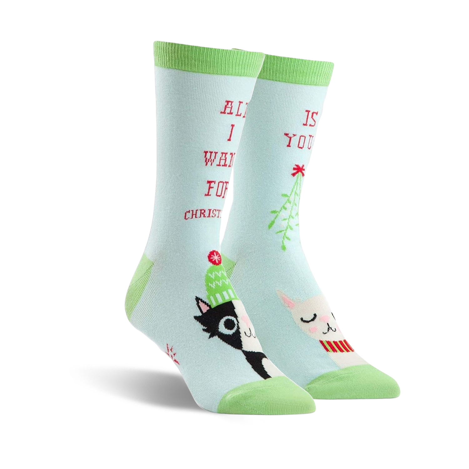 Pair of crew socks in teal green featuring a black and white cat, a llama wearing a scarf, mistletoe, and the text 'All I want for Christmas is you!'