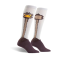 Pair of knee-high socks; off-white background, brown ostrich neck and head design, dark brown/purple heel and toe.