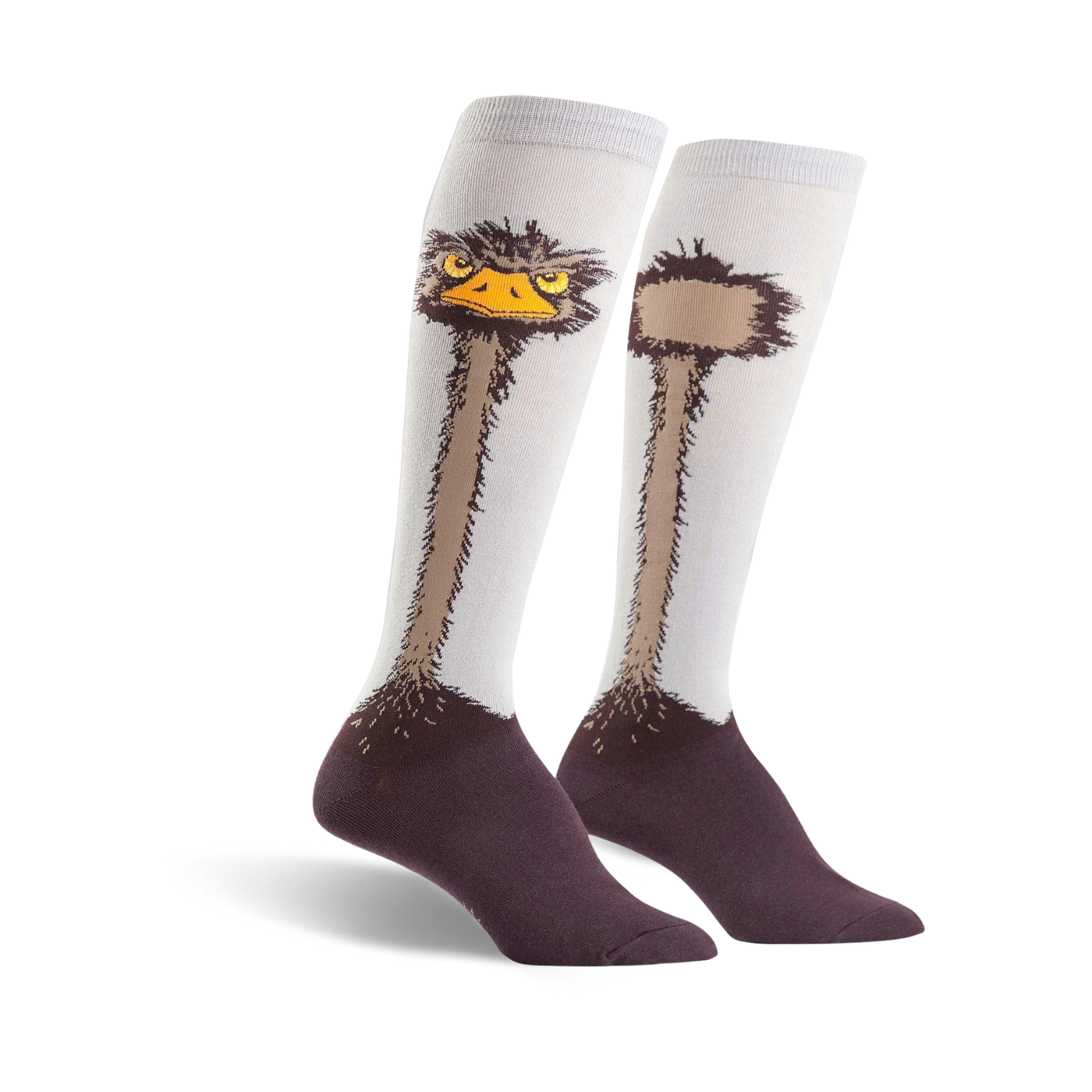 Pair of knee-high socks; off-white background, brown ostrich neck and head design, dark brown/purple heel and toe.