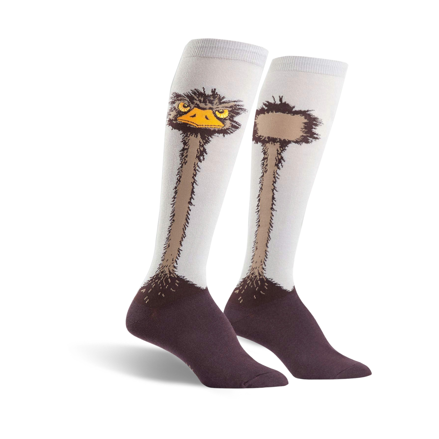 Pair of knee-high socks; off-white background, brown ostrich neck and head design, dark brown/purple heel and toe.