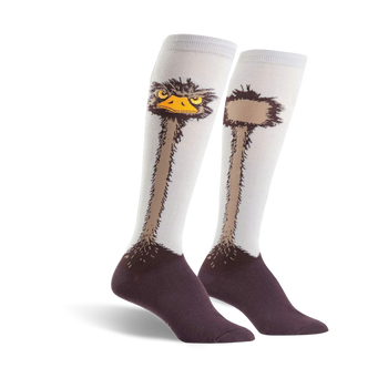 Pair of knee-high socks; off-white background, brown ostrich neck and head design, dark brown/purple heel and toe.
