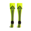 Pair of neon yellow knee-high socks with black stripes and a 'Kiss My' graphic in a black triangle at the top.  Black heel and toe.