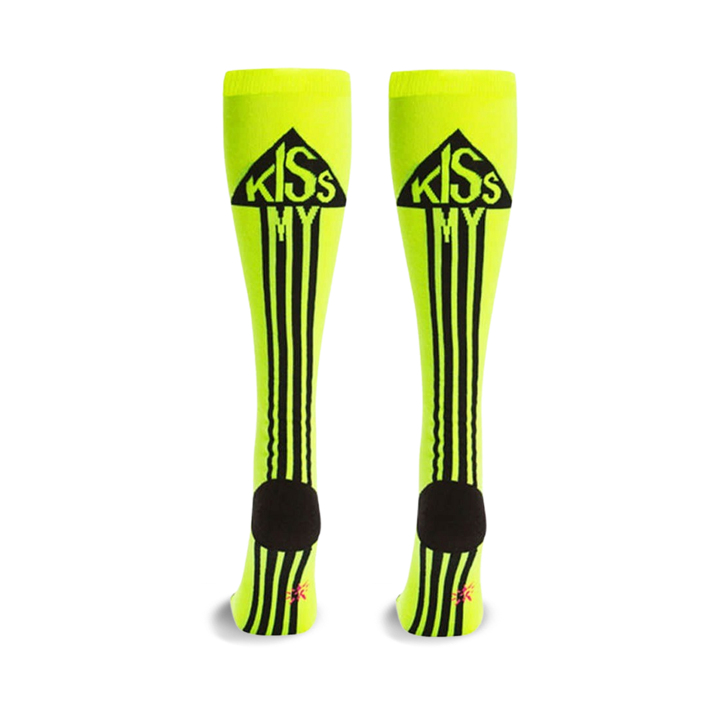 Pair of neon yellow knee-high socks with black stripes and a 'Kiss My' graphic in a black triangle at the top.  Black heel and toe.