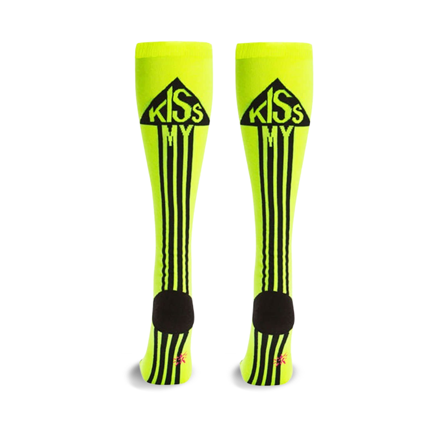 Pair of neon yellow knee-high socks with black stripes and a 'Kiss My' graphic in a black triangle at the top.  Black heel and toe.