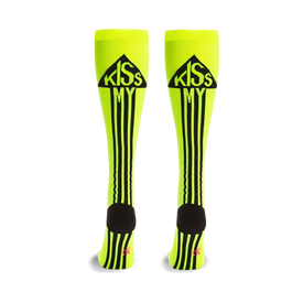 neon yellow knee-high socks with black stripes and "kiss my" written on them. funny socks for women.  