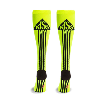 neon yellow knee-high socks with black stripes and "kiss my" written on them. funny socks for women.  