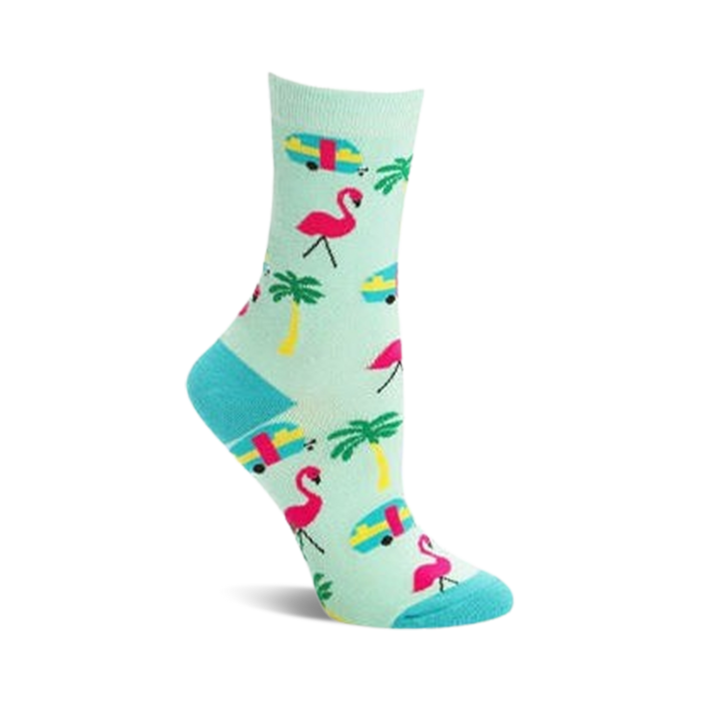 Crew socks in teal featuring pink flamingos, yellow palm trees, and turquoise vintage camper vans. Fun summer design!