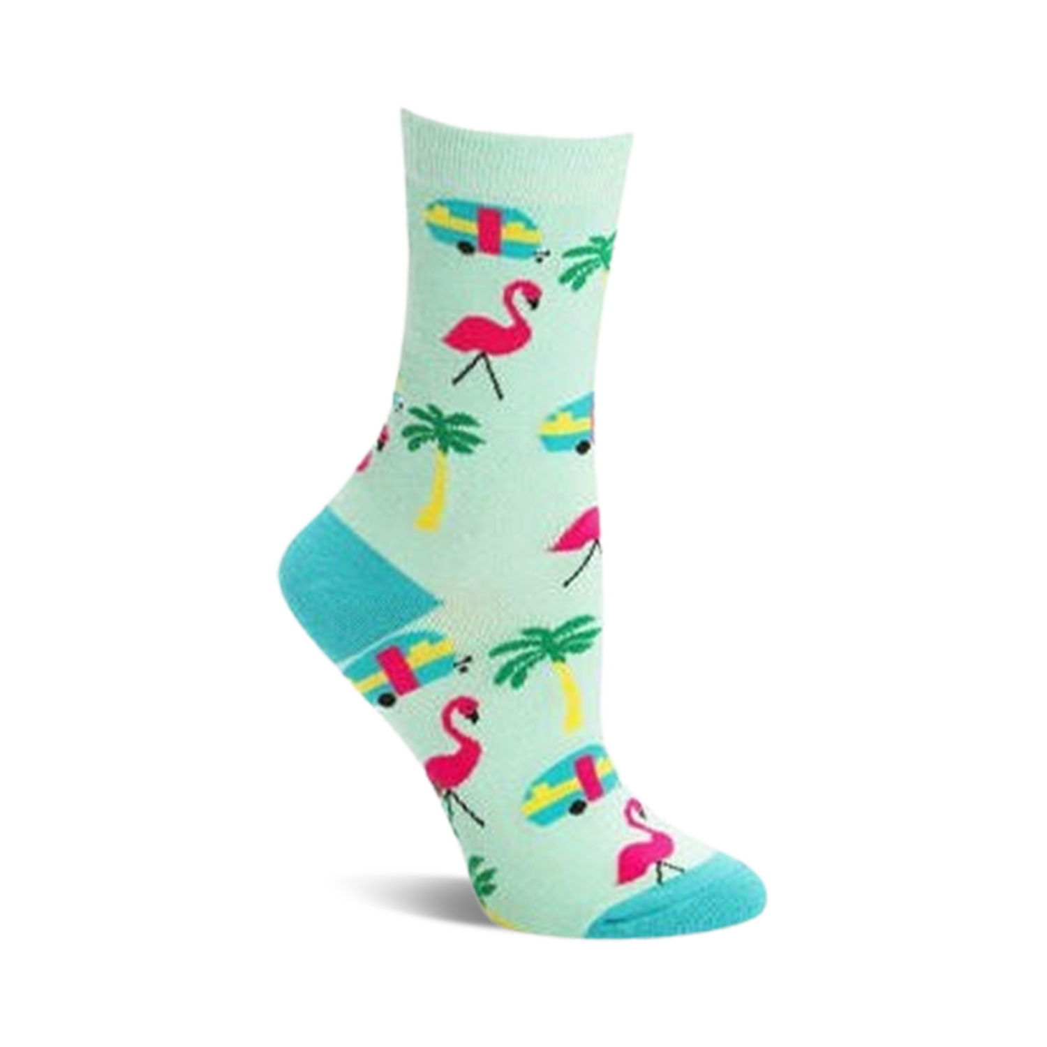 Crew socks in teal featuring pink flamingos, yellow palm trees, and turquoise vintage camper vans. Fun summer design!