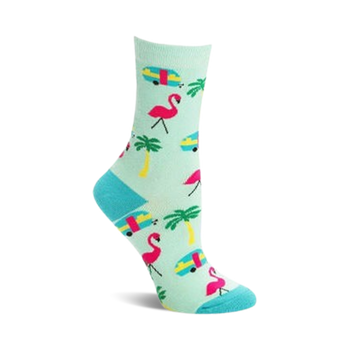 women's mint green crew socks showcasing pink flamingos, blue palm trees, and yellow and orange vintage campers. 
