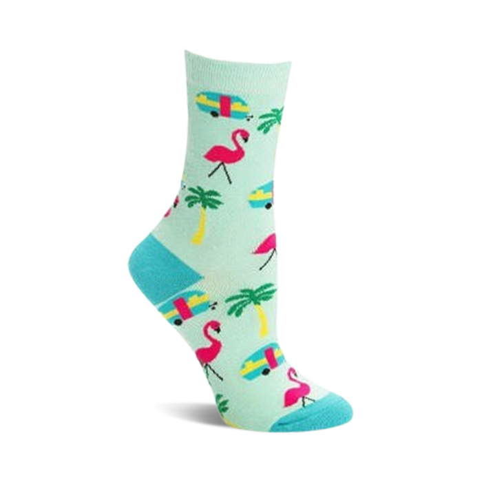 women's mint green crew socks showcasing pink flamingos, blue palm trees, and yellow and orange vintage campers.  }}