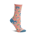 Crew socks in peach with teal and yellow geometric diamond pattern. Fun and stylish!