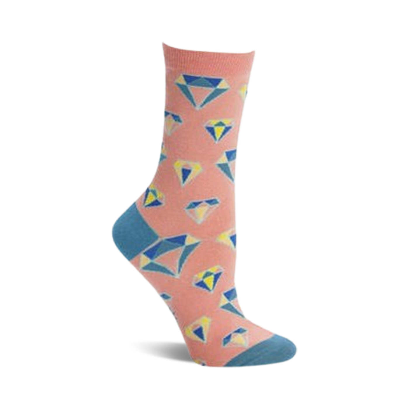 Crew socks in peach with teal and yellow geometric diamond pattern. Fun and stylish!