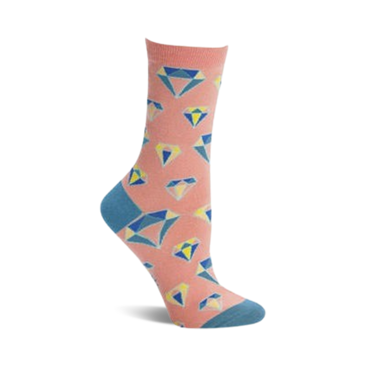 Crew socks in peach with teal and yellow geometric diamond pattern. Fun and stylish!