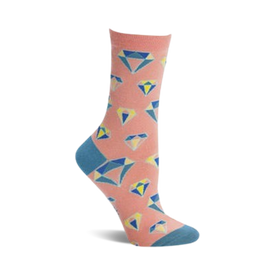 pink crew socks featuring a geometric diamond pattern in blue, light blue, and yellow. wedding-themed.  