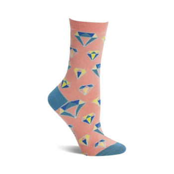 pink crew socks featuring a geometric diamond pattern in blue, light blue, and yellow. wedding-themed.  