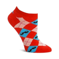 Red, pink, and teal argyle ankle socks with a repeating pattern of black mustaches on teal diamonds. 