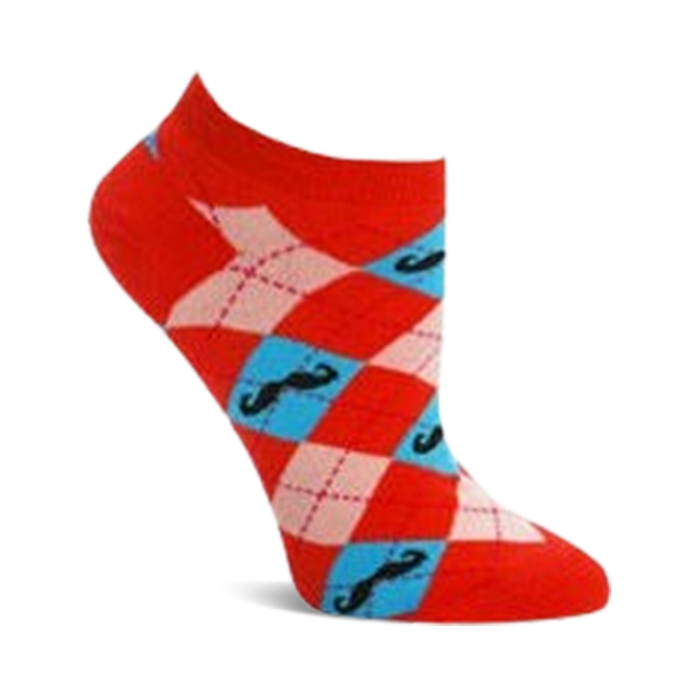 Red, pink, and teal argyle ankle socks with a repeating pattern of black mustaches on teal diamonds. 