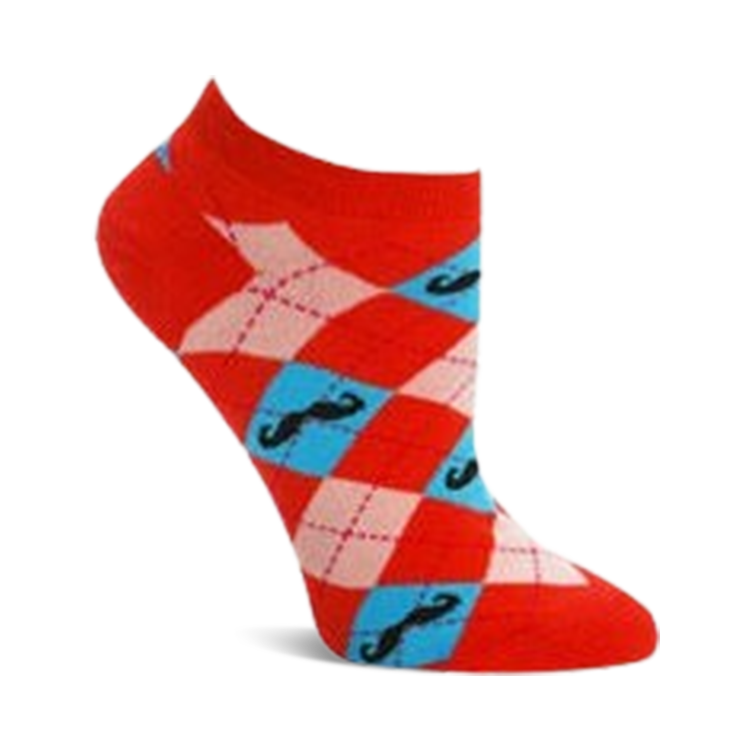 Red, pink, and teal argyle ankle socks with a repeating pattern of black mustaches on teal diamonds. 