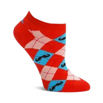  red women's ankle socks with a black mustache design in a blue/pink argyle diamond pattern, perfect for stylish everyday wear.  