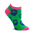 Ankle socks with a green base and hot pink trim, featuring a repeating pattern of navy blue bearded faces.