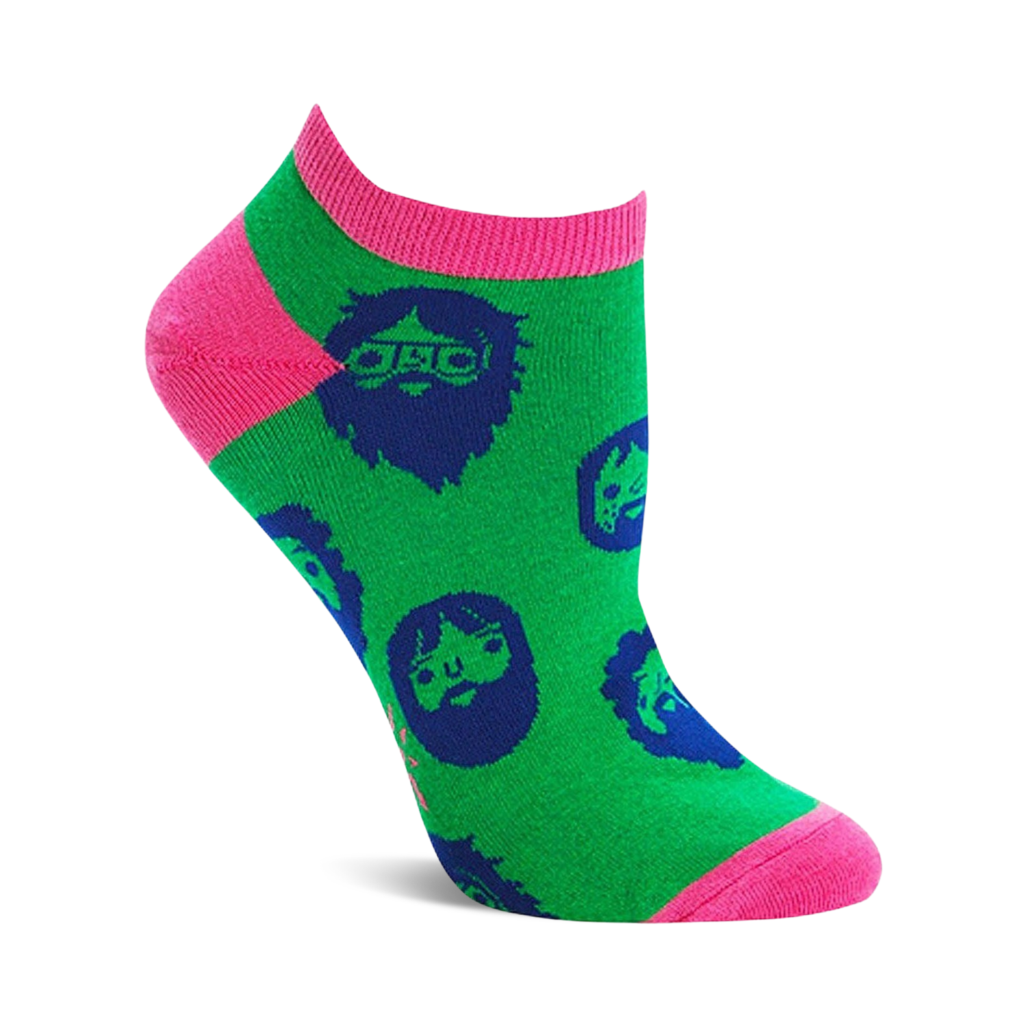 Ankle socks with a green base and hot pink trim, featuring a repeating pattern of navy blue bearded faces.
