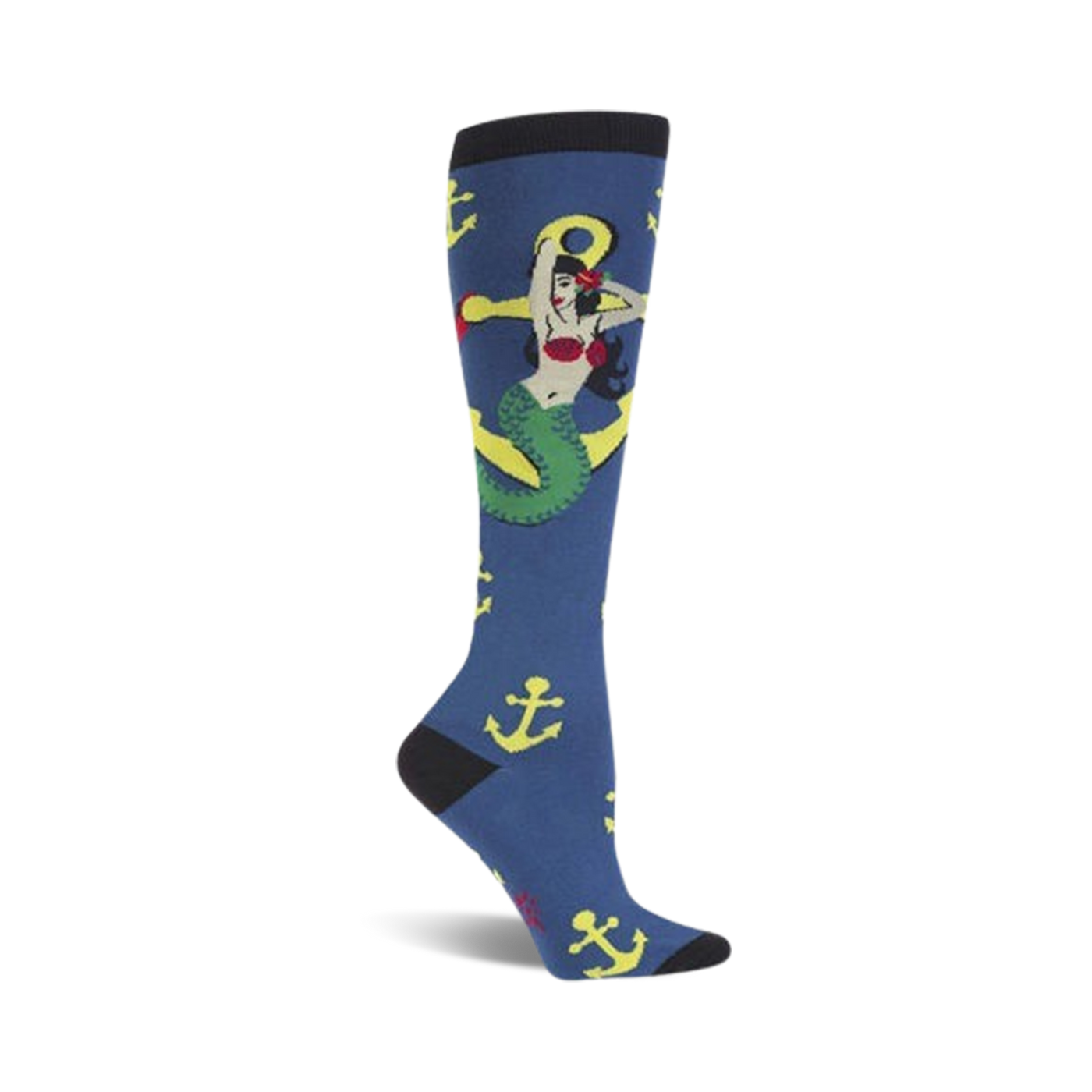 Knee-high socks in navy blue, adorned with a whimsical mermaid wrapped around a yellow anchor. Yellow anchors are scattered across the sock.
