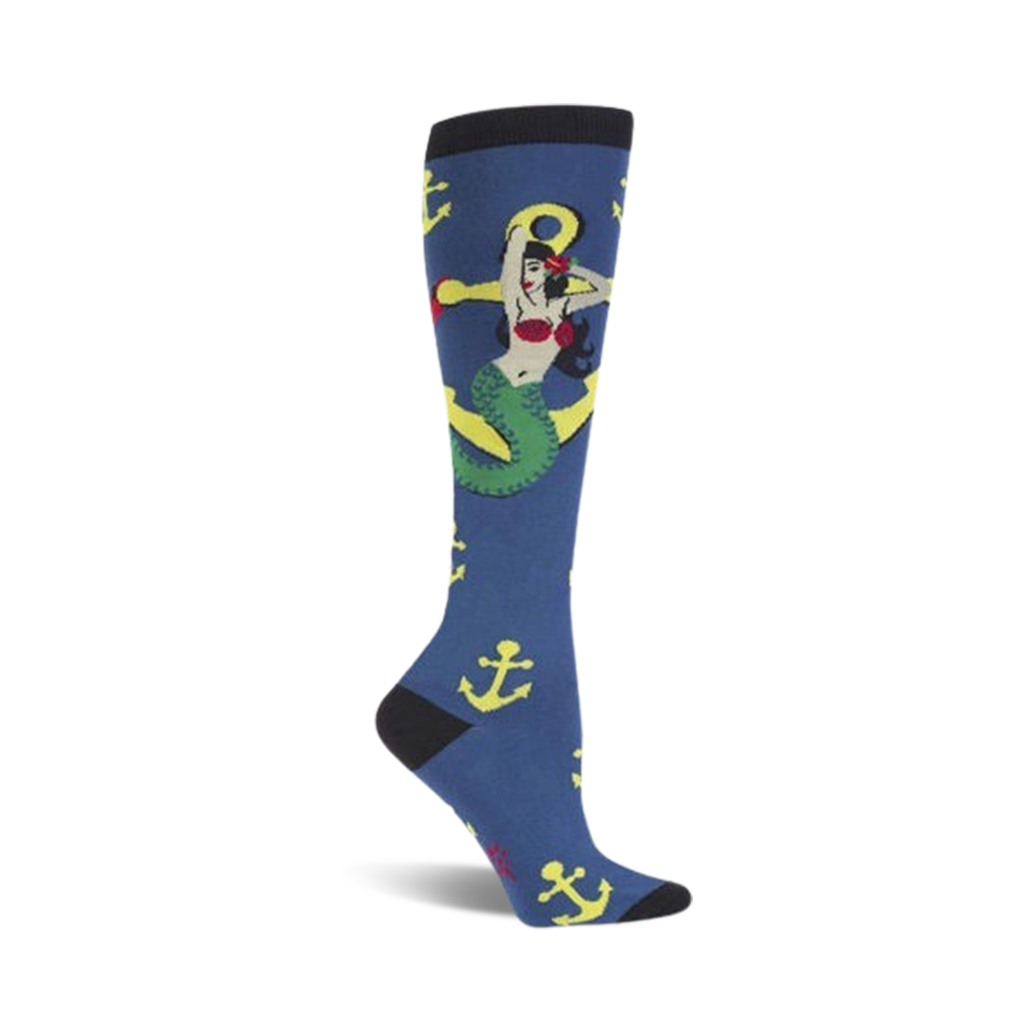 Knee-high socks in navy blue, adorned with a whimsical mermaid wrapped around a yellow anchor. Yellow anchors are scattered across the sock.