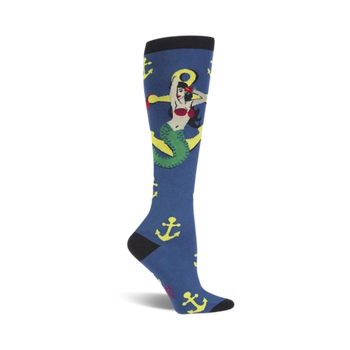 blue knee-high women's socks featuring yellow anchors and red-haired mermaids in red bikini tops.  