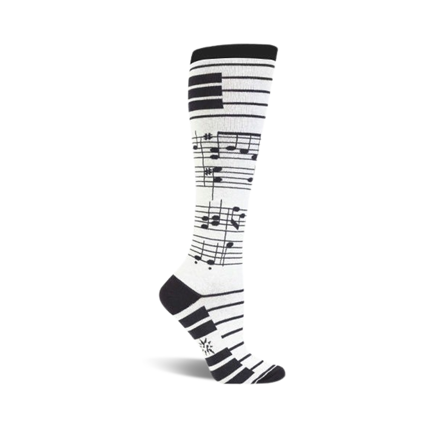 A pair of white knee-high socks with black musical notes and a piano keyboard cuff design.