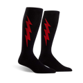 Pair of black knee-high socks with a red lightning bolt graphic on each.  Superhero-themed design.