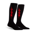 Pair of black knee-high socks with a red lightning bolt graphic on each.  Superhero-themed design.