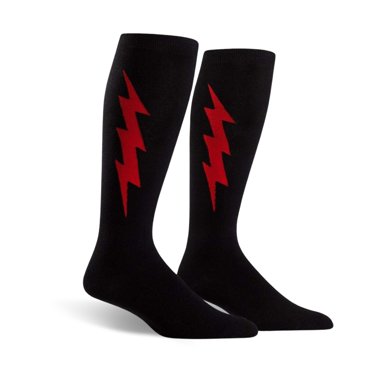 Pair of black knee-high socks with a red lightning bolt graphic on each.  Superhero-themed design.