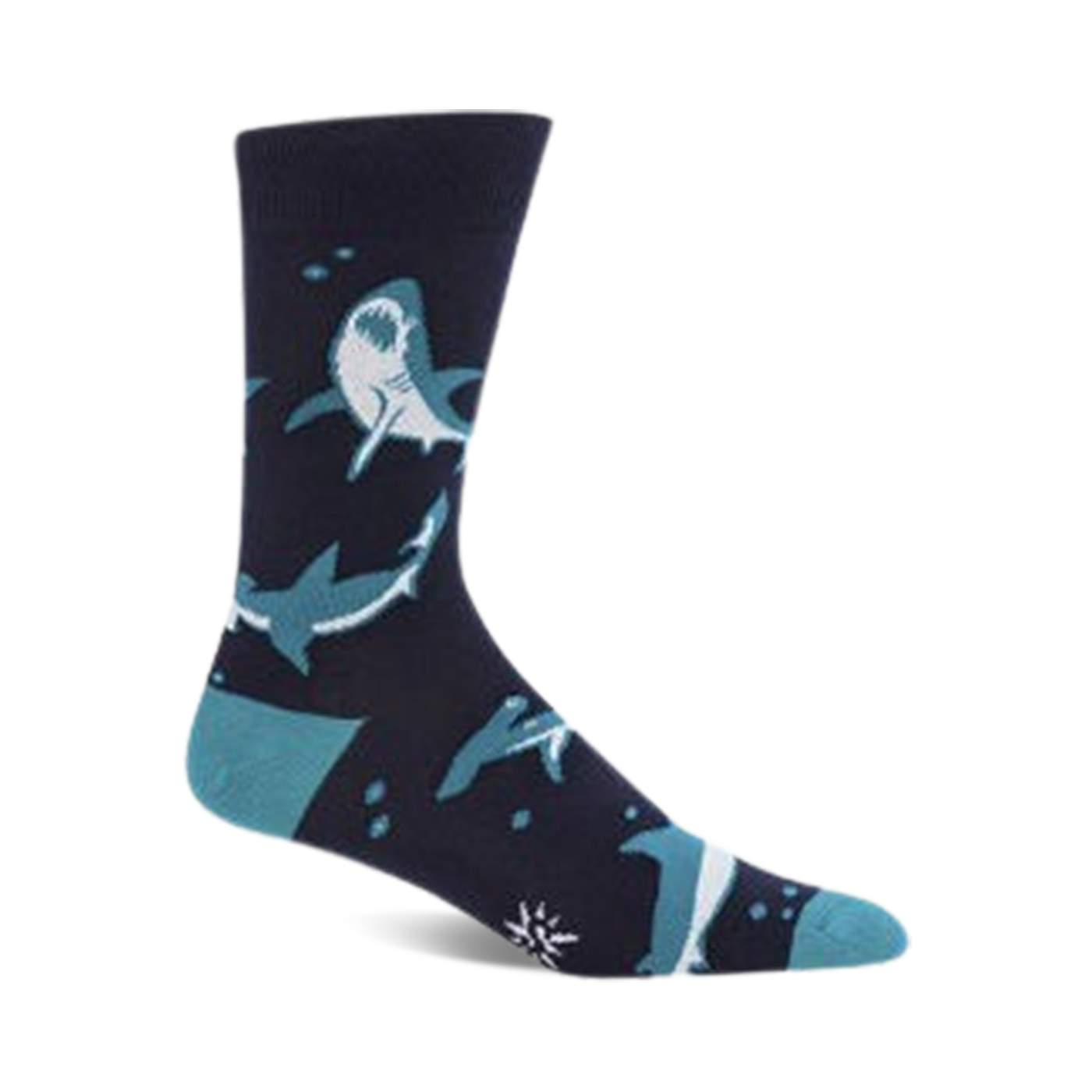Crew socks in navy blue and teal featuring a fun shark design. The sharks are in various poses, and the background includes small bubbles.