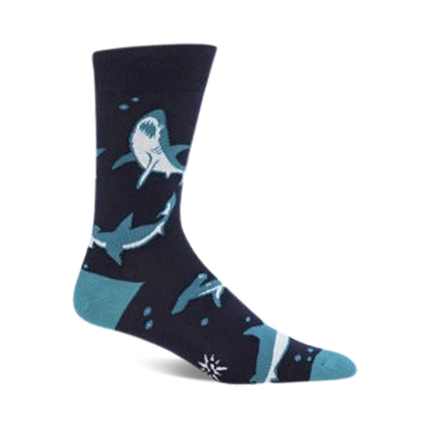 Crew socks in navy blue and teal featuring a fun shark design. The sharks are in various poses, and the background includes small bubbles.