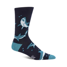 dark blue crew socks with a pattern of blue & grey sharks swimming in bubbles.  