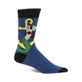 Crew socks in blue with a graphic design of a vintage-style mermaid wrapped around a yellow anchor.  Black cuff.