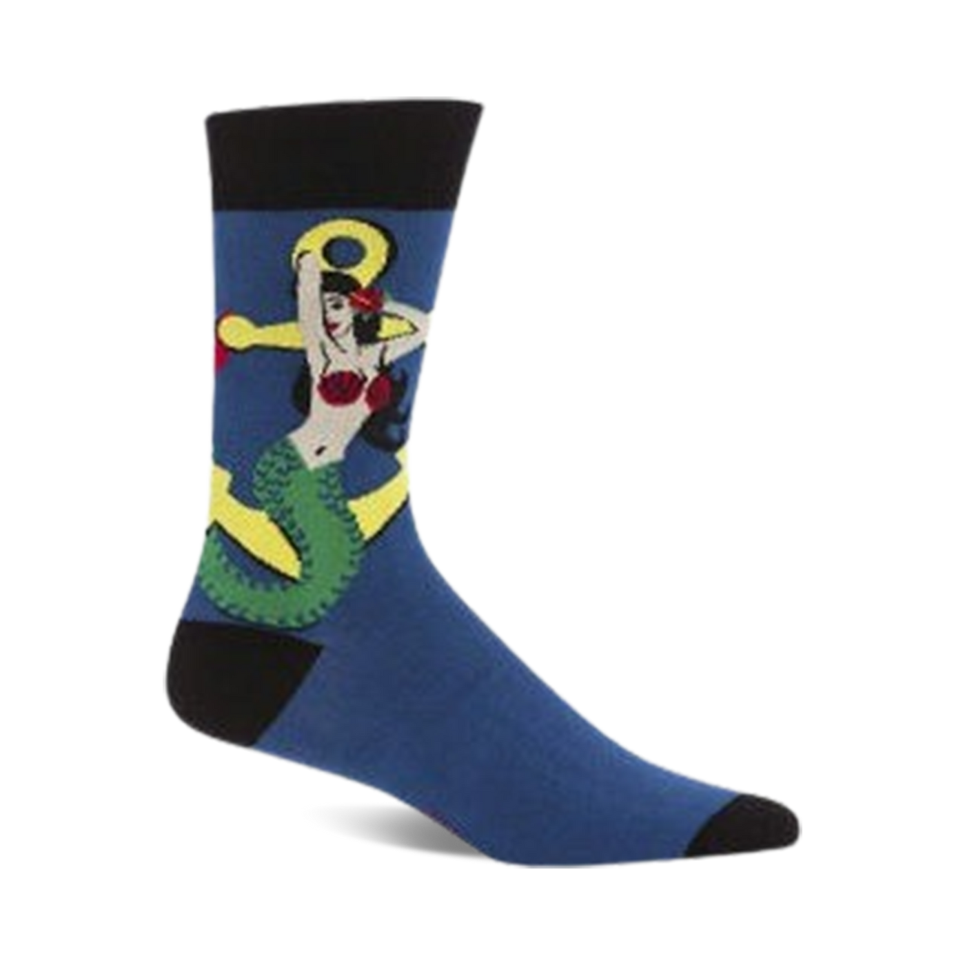 Crew socks in blue with a graphic design of a vintage-style mermaid wrapped around a yellow anchor.  Black cuff.