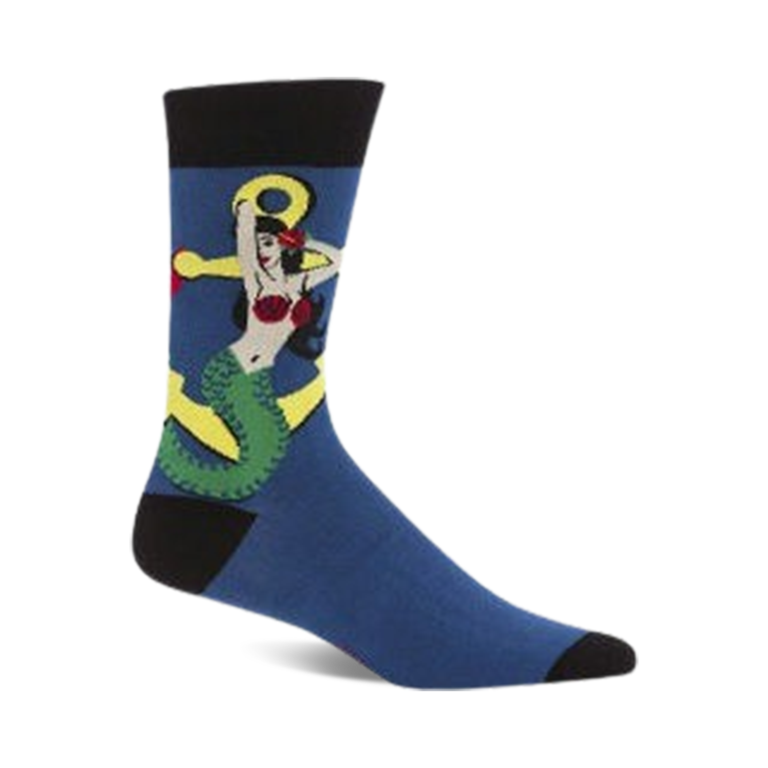 Crew socks in blue with a graphic design of a vintage-style mermaid wrapped around a yellow anchor.  Black cuff.