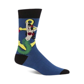 crew length, blue socks with red haired mermaids and yellow anchors.  