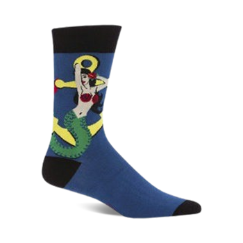 crew length, blue socks with red haired mermaids and yellow anchors.  