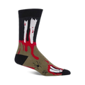 Crew socks in black, olive green, and red, showcasing a zombie-themed design with bloody bone fragments and a spider graphic.