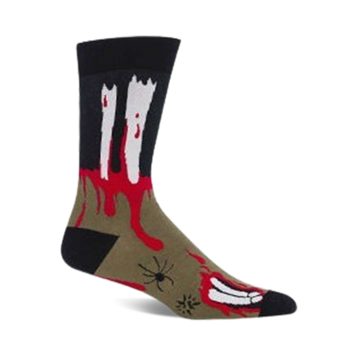 Crew socks in black, olive green, and red, showcasing a zombie-themed design with bloody bone fragments and a spider graphic.